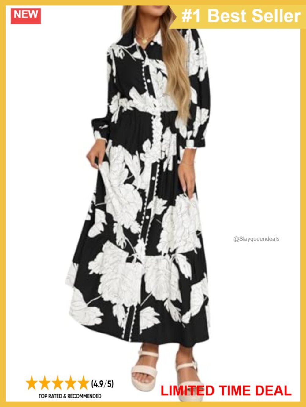 Womens Floral Maxi Shirt Dress Long Sleeve Button Down Boho